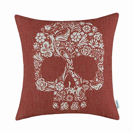 CaliTime Canvas Throw Pillow Case Shell Couch Bed Home Decoration Halloween Floral Skull 18 X 18 Inches Dark Red