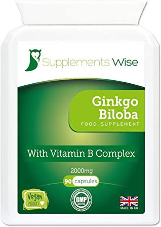 Ginkgo Biloba Capsules - 90 x 2000mg - Encourages Healthy Blood Circulation - Brain, Memory and Concentration Support - Provides Dizziness and Vertigo Relief - Contains Added Vitamin B Complex