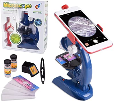 HONPHIER Microscope for Children LED Kids Microscope Kids Toys 100x 400x 1200x Magnification Microscopes Kit with Adjustable Mobile Phone Holder