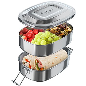Stainless Steel Lunch Box Food Container. Two Layer Lunchbox with Divided Compartment Sections. Easy Carry Strap plus Extra Secure Clips. Eco-Friendly Stainless Steel Lunch Container. Dishwasher Safe