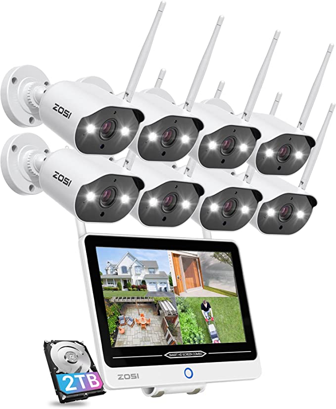 ZOSI 2K All in one Wireless Security Camera System with 12.5" LCD Monitor,8PCS 3MP Outdoor Indoor IP Cameras,2TB Hard Drive,100ft Night Vision,IP66 Weatherproof,for Home Business 24/7 Recording