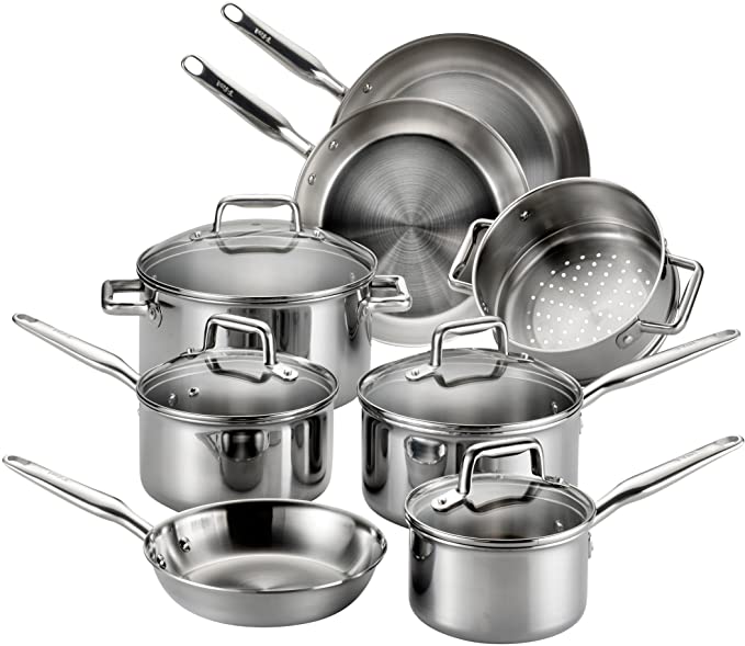 T-fal Stainless Steel Cookware, Multi-Clad, Dishwasher Safe and Oven Safe Cookware Set, Tri-Ply Bonded, 12-Piece, Silver, Model E469SC