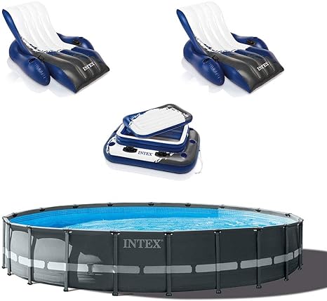 Intex 24ft x 52in Ultra XTR Round Frame Pool, Loungers (2 Pack), Floating Cooler