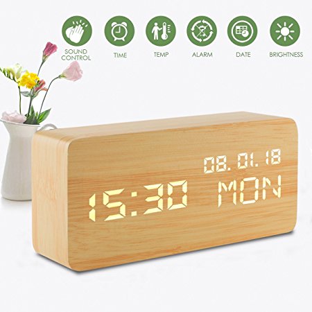 led Digital Analog Alarm Clocks, Wooden Travel Clock with Time/Date/Week/Temperature/USB Desk Shelf Clocks, Sound Control 3 Levels Brightness 3 Loud Alarm for Heavy Sleepers Bedrooms Kids Girls Teens