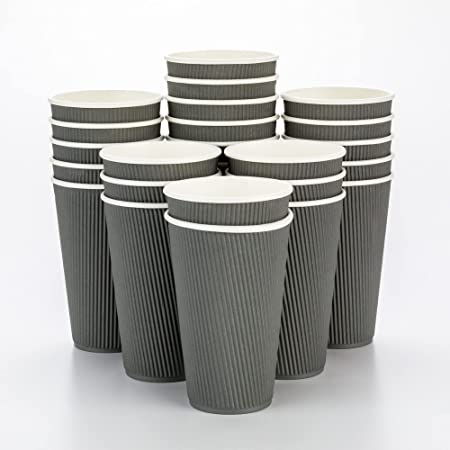 8 Ounce Paper Coffee Cups, 25 Ripple Disposable Paper Cups - Leakproof, Recyclable, Gray Paper Hot Cups, Insulated, Matching Lids Sold Separately - Restaurantware