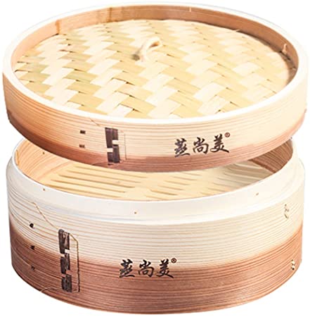 Hcooker Two-Tone 2 Tier Kitchen Wood Steamer Basket for Asian Cooking Buns Dumplings Vegetables Fish Rice