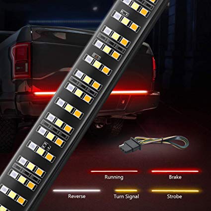 MICTUNING 60" Triple 504 LEDs Tailgate Strip Light Waterproof   Free 4-Way Flat Connector Wire - Solid Amber Turn Signal, Red Brake/Running, White Reverse Lights