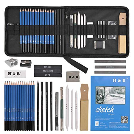 YOTINO 35pcs Drawing and Sketching Pencil Set, Professional Sketch Pencils Set in Zipper Carry Case, Art Supplies Drawing Kit with Graphite Charcoal Sticks Tool Sketch book for Adults Kids