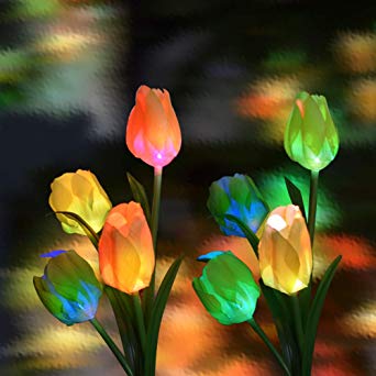 Solar Garden Lights Outdoor, 2 Pack Solar Powered Lights with 8 Lily Flower, Multi-Color Changing LED Solar Stake Lights for Garden, Patio, Backyard (Yellow/White) (Tulip（White.Yellow）)