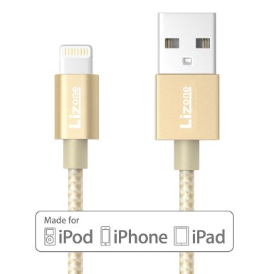 Lizone Nylon Braided USB Cable with Lightning Connector, 3.3 Feet - Gold