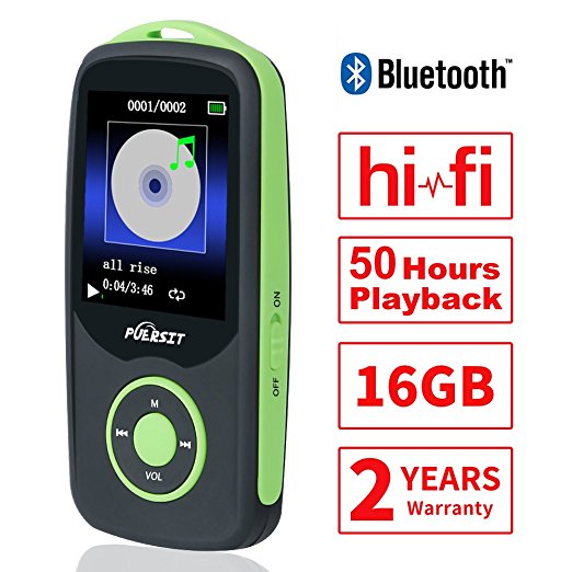 Puersit 16GB Bluethooth MP3 Digital Music Player with 50 Hours Playback,Support up to 64GB,HiFi,FM Radio&Audio Book Available,with Bookmark Function (Green)