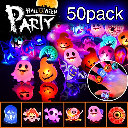 50 Packs Light Up Halloween Rings Halloween Party Favors for Kids Trick or Treat Toys