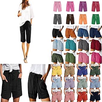 Women Shorts Summer Casual Comfy Cotton Linen Shorts Loose Fit Drawstring Elastic High Waist Beach Shorts with Pockets