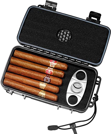 PrimeZone Humidor Travel Cigar Case - Portable Cigar Box with Humidifier & Cigar Cutter, Humidor for 4-5 Cigars, Gift for Cigar Aficionado, Waterproof Crushproof, Airtight