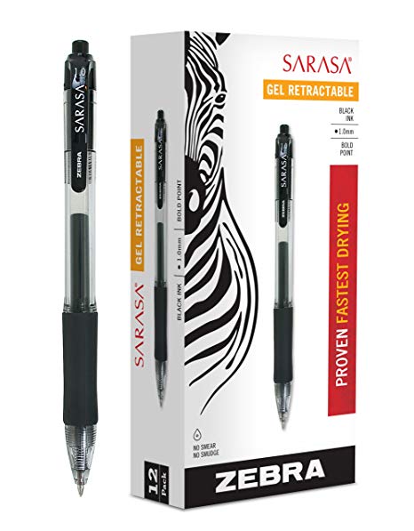 Zebra Sarasa Retractable Gel Ink Pens, Bold Point 1.0mm, Black, Rapid Dry Ink, 12-Count