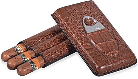 Volenx Brown Crocodile Pattern Leather Travel Cigar Case, Cigar Holder 3 Tubes Cigar Humidor with Cutter