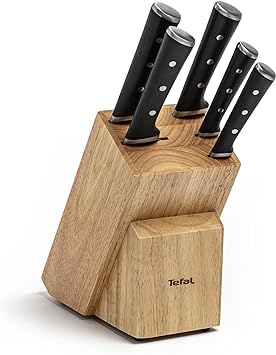 Tefal Ice Force K232S574 Wooden Block with 5 Slots and 5 Knives: Bread Knife 20 cm / Chef Knife 20 cm / Santoku Knife 18 cm / Paring Knife 11 cm / Carving Knife 9 cm