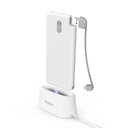 Portable Charger iPhone Power Bank 10000mAh with Built in Pluggable Cable, Yoobao Slim High Capacity Exteral Battery for iPhone X 8 7 6 Plus etc, Include Charging Dock - USB Lightning (White)