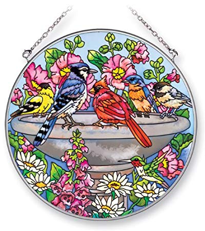 Amia Suncatcher Featuring Birds in a Birdbath, Hand Painted Glass, 6-1/2-Inch Circle