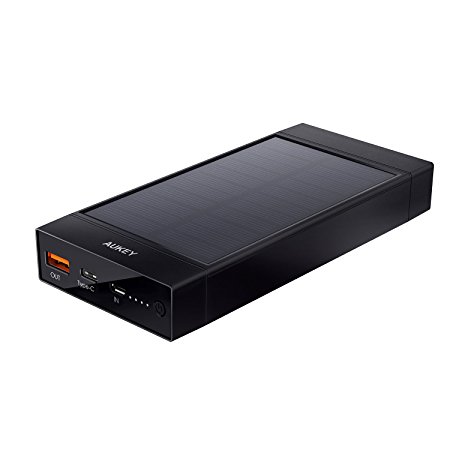 AUKEY USB C Solar Power Bank 16000mAh, 1 Quick Charge 3.0 Output, 1 Type C Input/Output, 1 Micro USB Input, for 5V Input Device like iPhone, Samsung, HUAWEI, with a 30cm Micro USB Cable