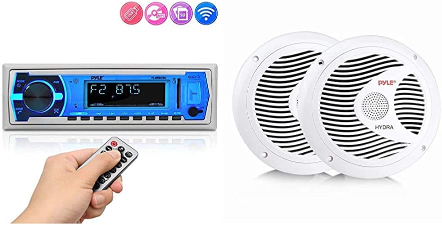 Pyle Marine Bluetooth Stereo Radio (White) & 6.5 Inch Dual Marine Speakers - 2 Way Waterproof and Weather Resistant Outdoor Audio Stereo Sound System - 1 Pair (White)