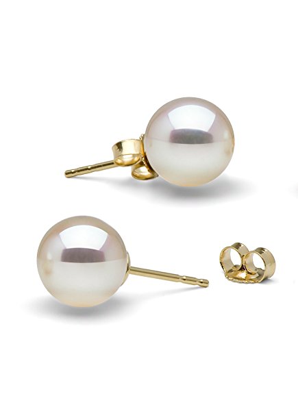 White Freshwater Cultured Pearl Stud Earrings, Top Gem Quality (14K White Gold & Yellow Gold)