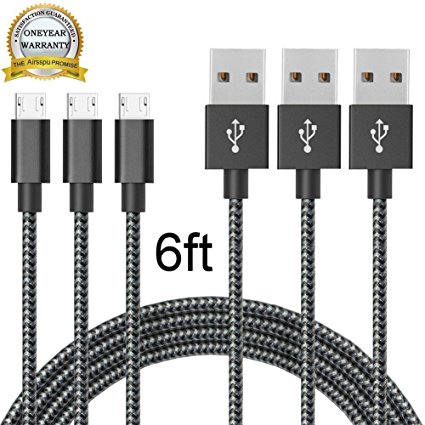 Micro USB Cable,Airsspu 3Pack 6FT Long Premium Nylon Braided High Speed 2.0 USB to Micro USB Charging Cord Android Fast Charger for Samsung Galaxy S7/S6/S5/Edge,Note 5/4/3,HTC,LG (Black White)