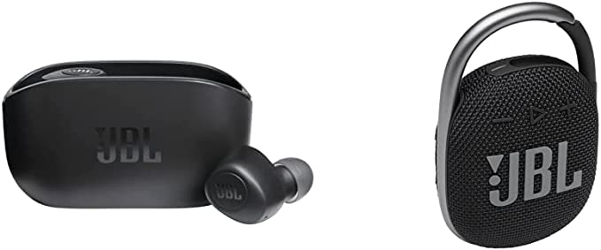 JBL Vibe 100 TWS - True Wireless in-Ear Headphones - Black & Clip 4: Portable Speaker with Bluetooth, Built-in Battery, Waterproof and Dustproof Feature - Black (JBLCLIP4BLKAM)