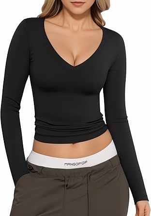 MANGOPOP V Neck Long Sleeve Shirts for Women Sexy T Shirt Basic Slim Fitted Tees Going Out Tops Y2K