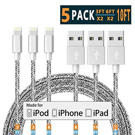 iPhone Charger Lightning Cable iPhone Cable Apple MFi Certified iphone charer cable Xs MAX XR X 8 7 6s 6 5E Plus ipad car Charger Charging Cable Cord Fast Long USB 3 3 6 6 10 ft to 5pack Chargers 05