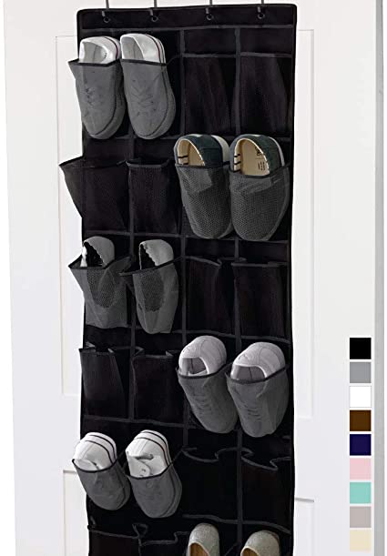 Gorilla Grip Premium Over The Door Shoe Organizer, 24 Durable Pockets, Hooks, Large Breathable Mesh Pocket Stores Shoes, Storage Organizers Hang on Closet Doors, Organize Sneakers Slippers, Black