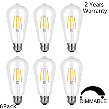 Antique LED Bulbs, 4W ST64 Dimmable Vintage Edison LED Bulbs, 40W Incandescent Equivalent, Squirrel Cage Filament with 360° Beam Angle, Soft Warm White 2700K, 360 Lumens, E26 Base, Pack of 6