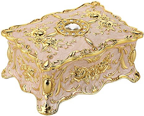 Hipiw Vintage Jewelry Organizer Box - Metal Trinket Storage Box Ornate Treasure Chest Box Jewelry Decorative box Keepsake Gift Box Case for Women Girls,4.9"x3.4"x2.7"