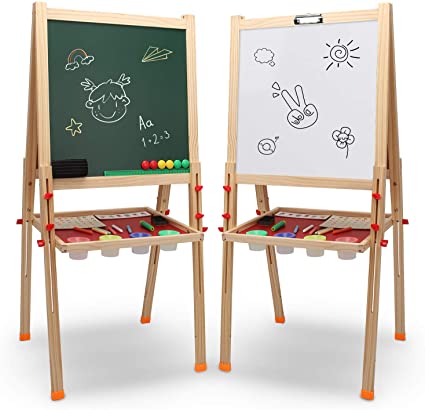 TECHMOO Kids Wooden Art Easel Double-Sided Whiteboard & Chalkboard Adjustable Children Standing Dry Easel Board for Kids Toddlers Boys Girls Painting Drawing