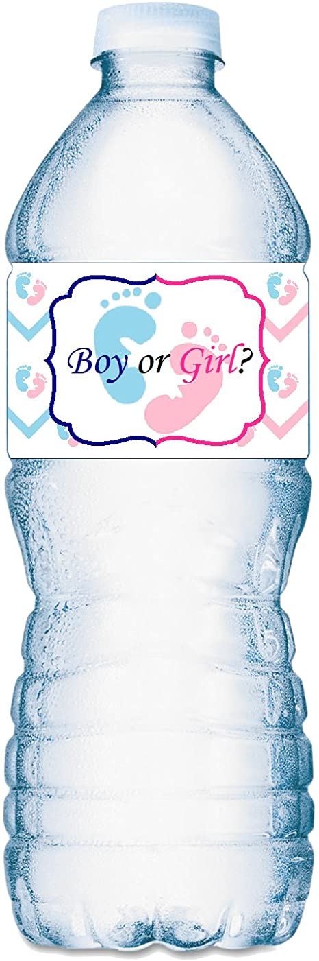 20 Gender Reveal Pink and Blue Footprints Baby Shower Party Water Bottle Labels; Waterproof Water Bottle Wrappers; Gender Reveal Water Bottle Stickers Labels