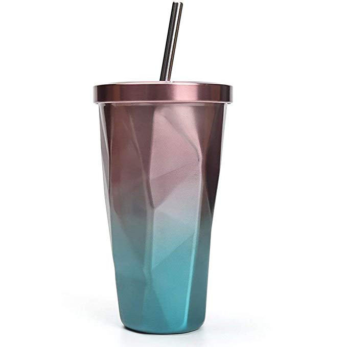 ShareDow Travel Coffee Cup Stainless Steel Tumbler with Lid Straw Insulated Gradient Irregular Diamond Shape Mug Office Cold Cup Car Drinking Cups Water Bottle 16oz/473ml (Purple & Blue)
