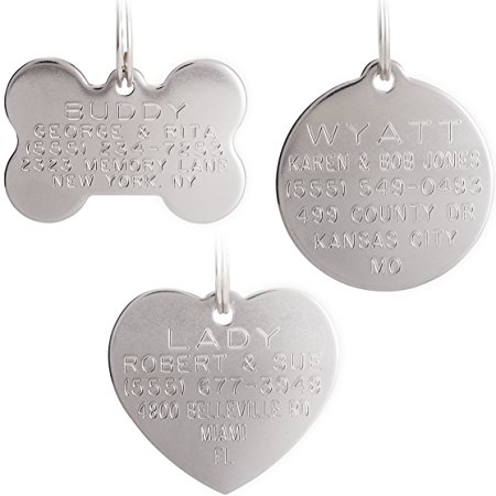 Heavy Duty Pet ID Tags - Stainless Steel DEEP Engraved - Bone, Round, or Heart - 4 Sizes Available - Customized Identification Tags for Dogs and Cats