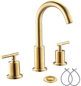 2 Handles 8 Inch Widespread BathroomFaucets, Brushed Gold Bathroom Sink Faucet with Valve and Metal Pop-Up Drain by Phiestina,WF003-1-BG