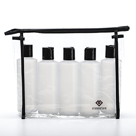 Marishi 6 Ounce Plastic Bottles with Caps for Liquids. Set of 5 in Zippered Carry Bag. (5 Caps)