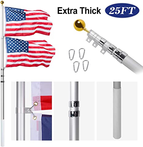 AkTop 25FT Telescoping Flag Poles Kit 2 Flags, Portable 16 Gauge Aluminum In Ground American Flag Pole, Outdoor Heavy Duty Flagpole with 3x5 USA Flag for Commercial or Residential, Silver