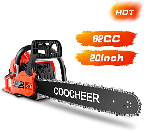 COOCHEER Petrol Chainsaw 62cc 3.5HP 20" Gas Powered Chainsaw 2 Stroke Handed Chain Saw with Tool Kit