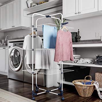 Lavish Home Clothes Rack – 3-Tiered Laundry Station with Collapsible Shelves and Wheels for Folding, Sorting and Air Drying Garments