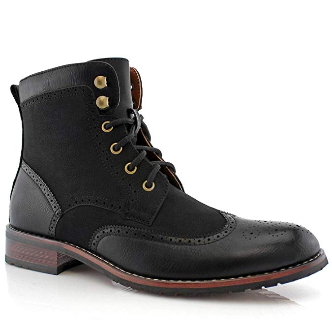 Polar Fox Jonah MPX808567 Mens Casual Perforated Vegan Leather High-Top Red Wing tip Brogue Western Derby Dress Boots