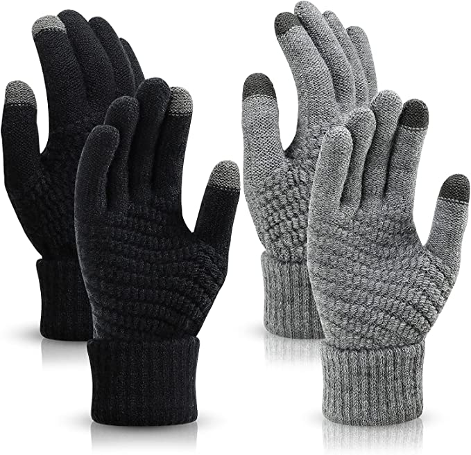 Buluri Winter Gloves Touchscreen, 2 Pair Knitted Thermal Gloves Windproof Thick Mittens for Men Women Cycling Driving Running Hiking, Black and Grey
