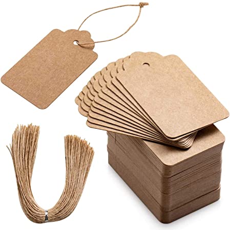 Primbeeks 100pcs Premium Gift Tags, Double-Sided Available Kraft Paper Price Tags with 100 Root Natural Jute Twine, Craft Tags Labels Treats Tags for Wedding Christmas Day Thanksgiving