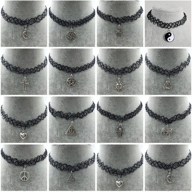 iWenSheng 14pcs Black Gothic Stretch Double Line Henna Tattoo Choker Collar Charm Pendant Necklace for 80s 90s
