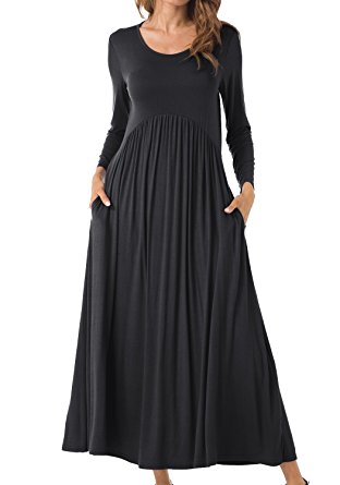 Levaca Women's Long Sleeve Pockets Pleated Loose Swing Casual Maxi Dress