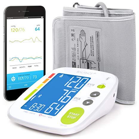 Bluetooth Blood Pressure Monitor Cuff by Balance, Free App with Smart Connected BP Monitor, Upper Arm Cuff, With Large Digital Display, Kit Complete with Soft Carrying Case (Bluetooth New)