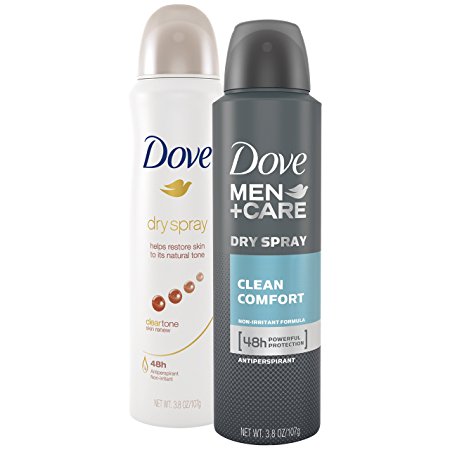 Dove Dry Spray Antiperspirant, Clear Tone and Dove Men Care Dry Spray Antiperspirant, Clean Comfort