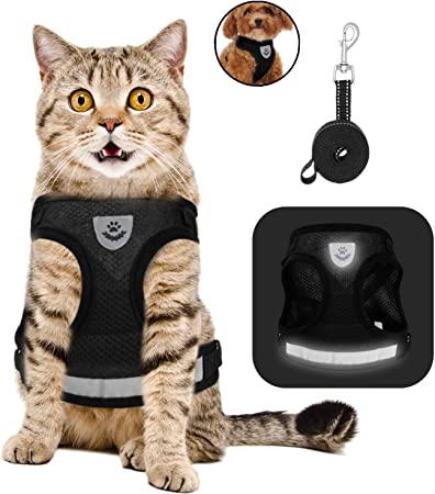Lenlorry Escape Proof Cat Harness with Leash Collar Set Reflective Adjustable Soft Mesh Step-in Walking Vest Harness for Small Medium Large Cat Dog Rabbit Outdoor Walking